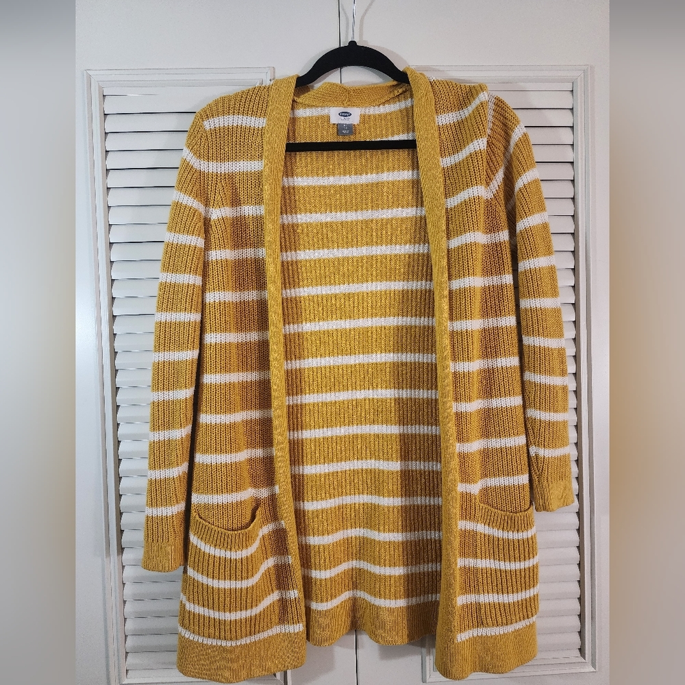 Sweater Cardigan Open Front Knit Mustard Striped Yellow XS